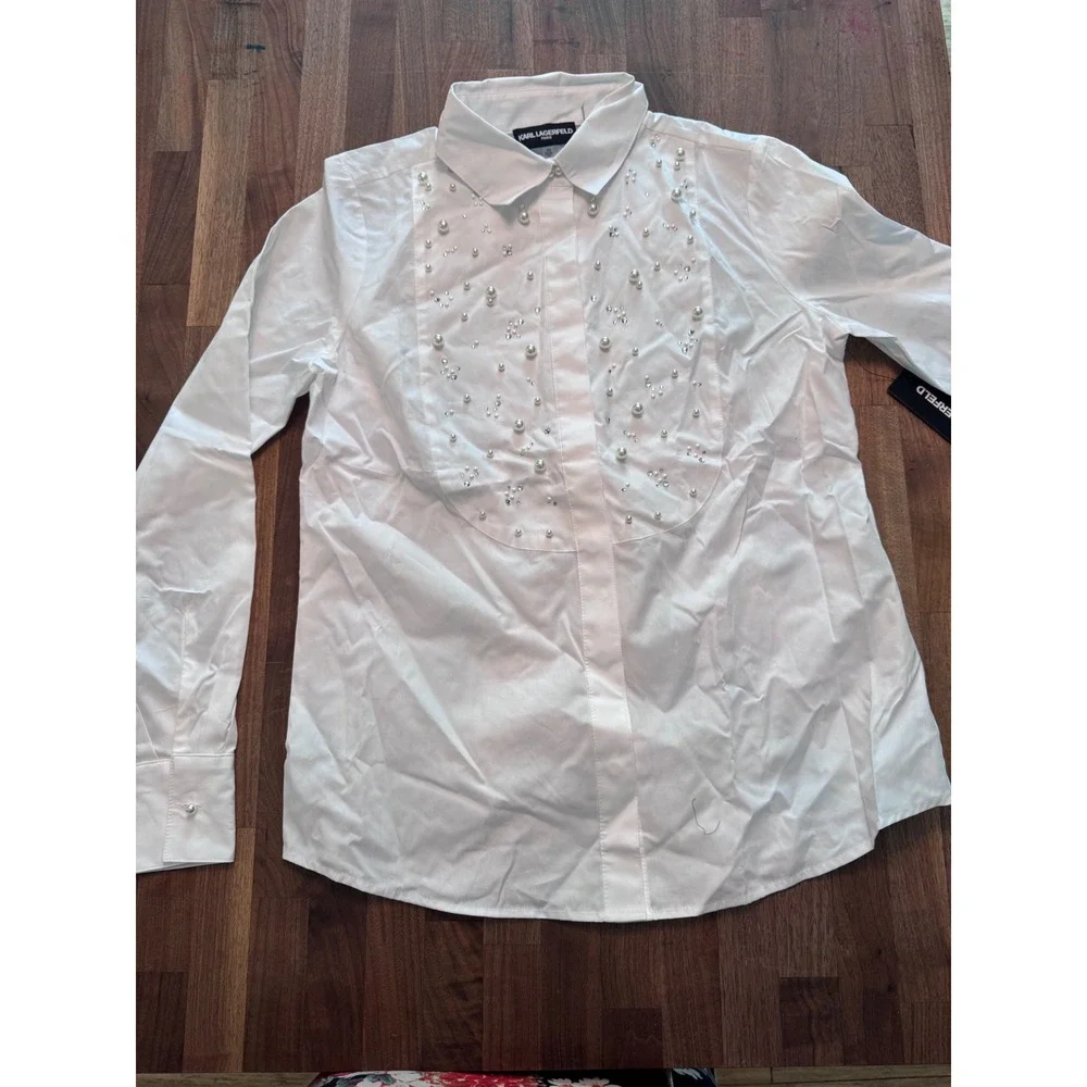 Karl Lagerfeld Paris Womens White Pearl Rhinestone Bib Button Down Shirt XL